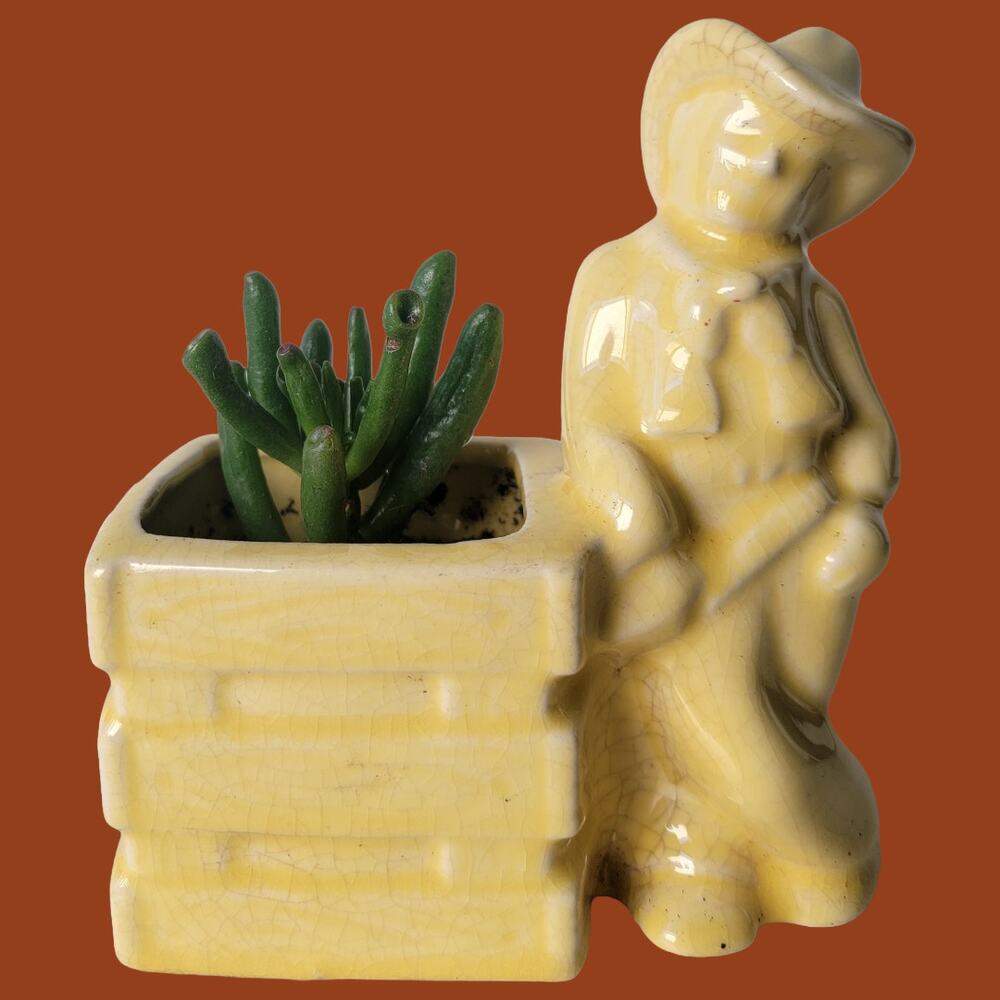 Vintage 1950s Yellow Shawnee Pottery Leaning Cowboy Planter with Ogre Ear Plant